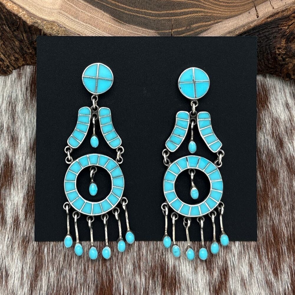 FEDERICO JIMENEZ Sterling Silver & Turquoise Inlay Chandelier Earrings Circles